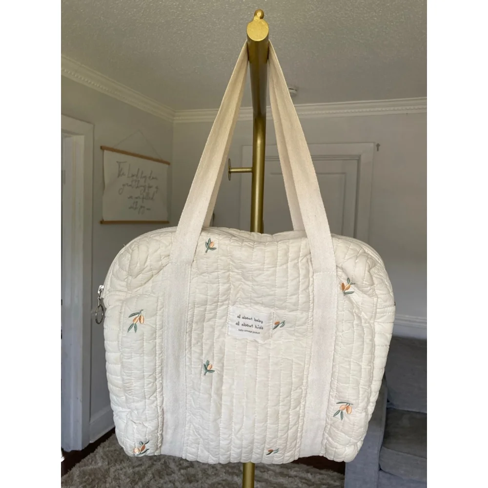 Quilted Embroidered Diaper Tote Bag Neutral Cream Ditsy Floral Cottagecore Baby